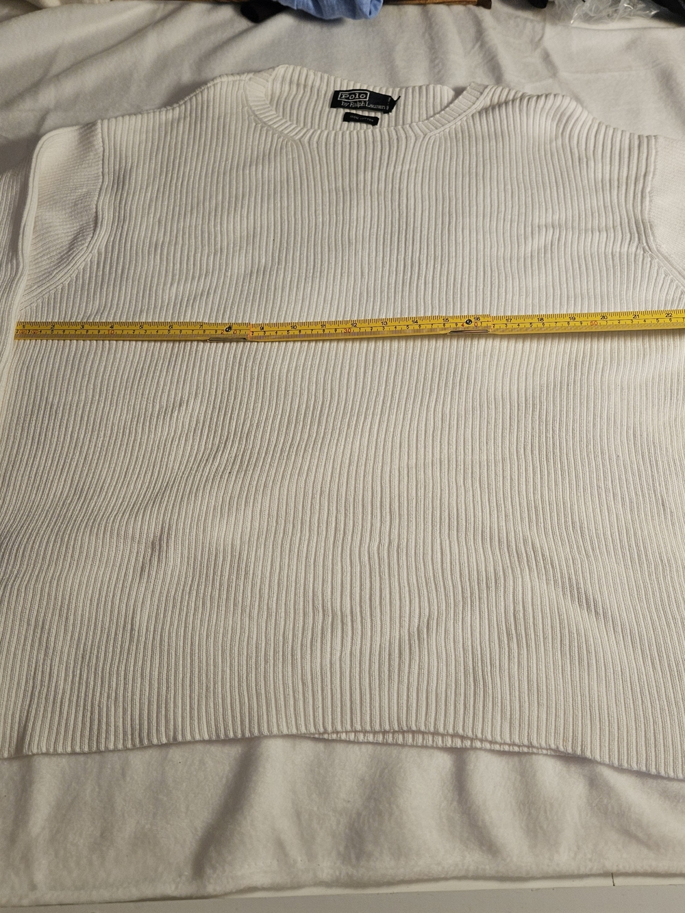 Vintage Polo Ralph Lauren XL Cotton Ribbed Sweater Bell Sleeves Cream Black Trim - Picture 9 of 9